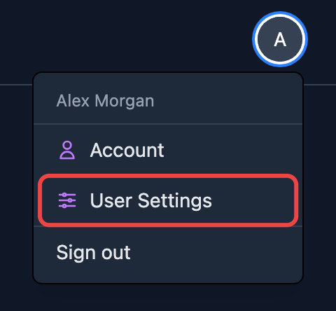 The account menu under the avatar in the top-right corner of the installation, with User Settings highlighted