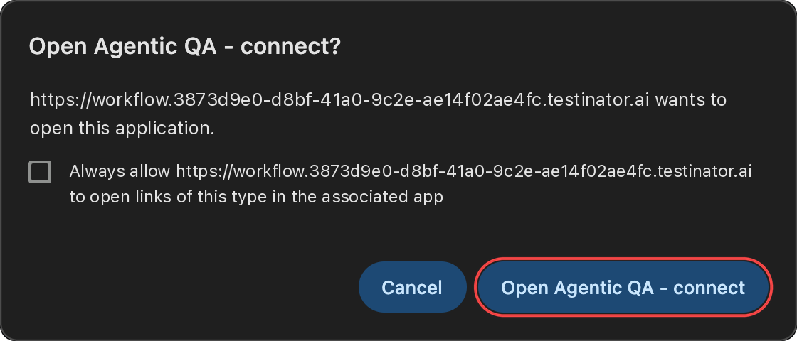 Chrome asks whether the installation may open Agentic QA - connect, with the Open Agentic QA - connect button highlighted