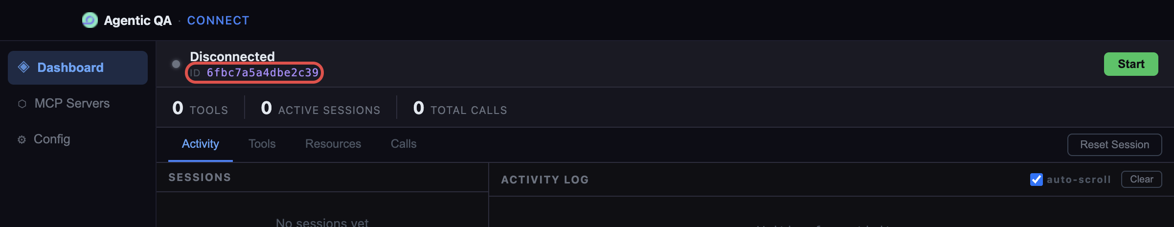 Agentic QA Connect dashboard header with the Client ID highlighted next to the connection status