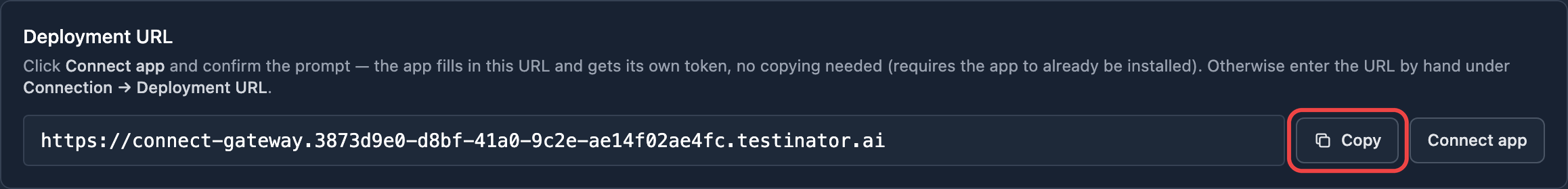 User Settings, Agentic QA Connect tab: the Deployment URL with the Copy button highlighted