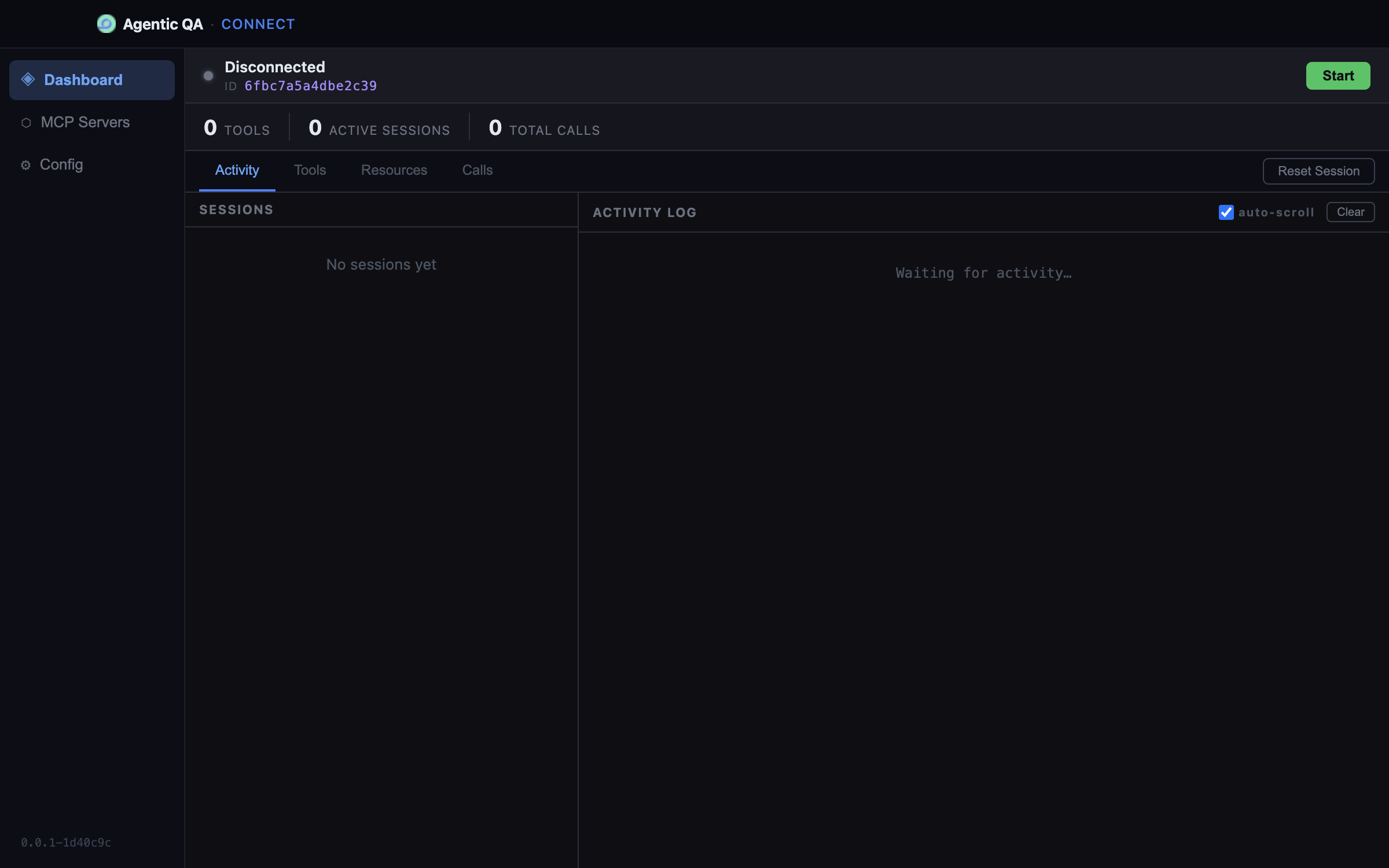 The Agentic QA Connect app: its Dashboard with the connection status, tool count and activity log