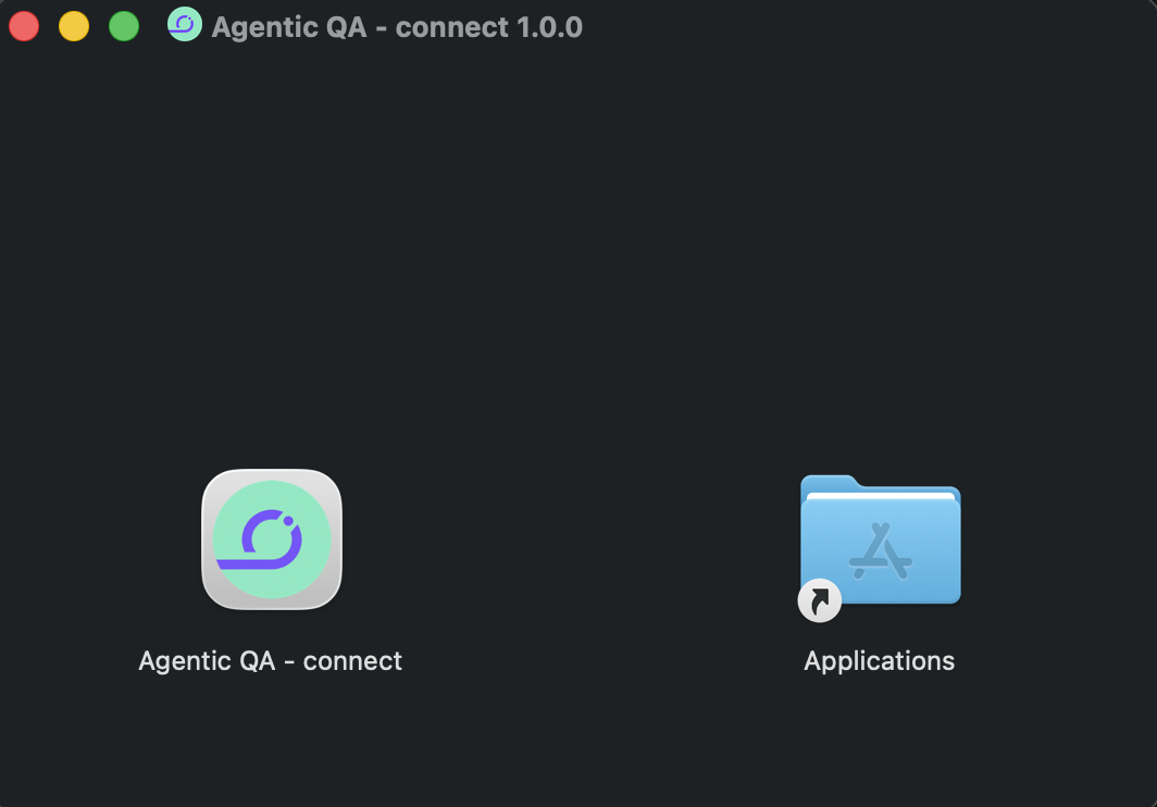 Agentic QA Connect installer window with the app icon and an Applications folder shortcut