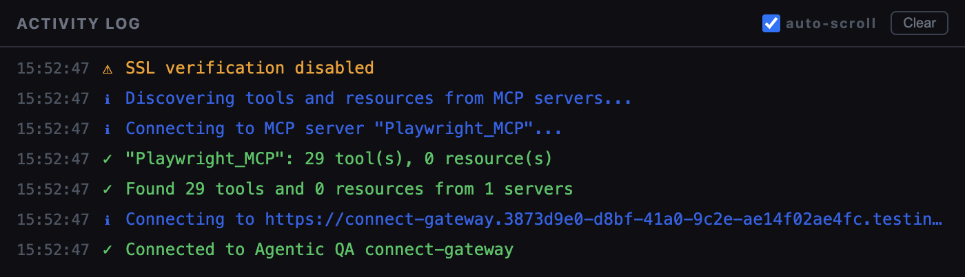 Agentic QA Connect activity log showing MCP server discovery followed by a successful connection to the installation