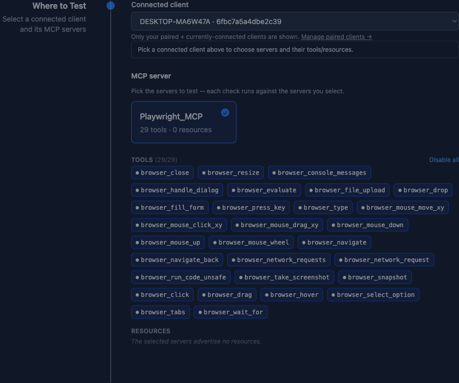 Desktop App test session: connected client dropdown, MCP server cards, and per-tool selection chips