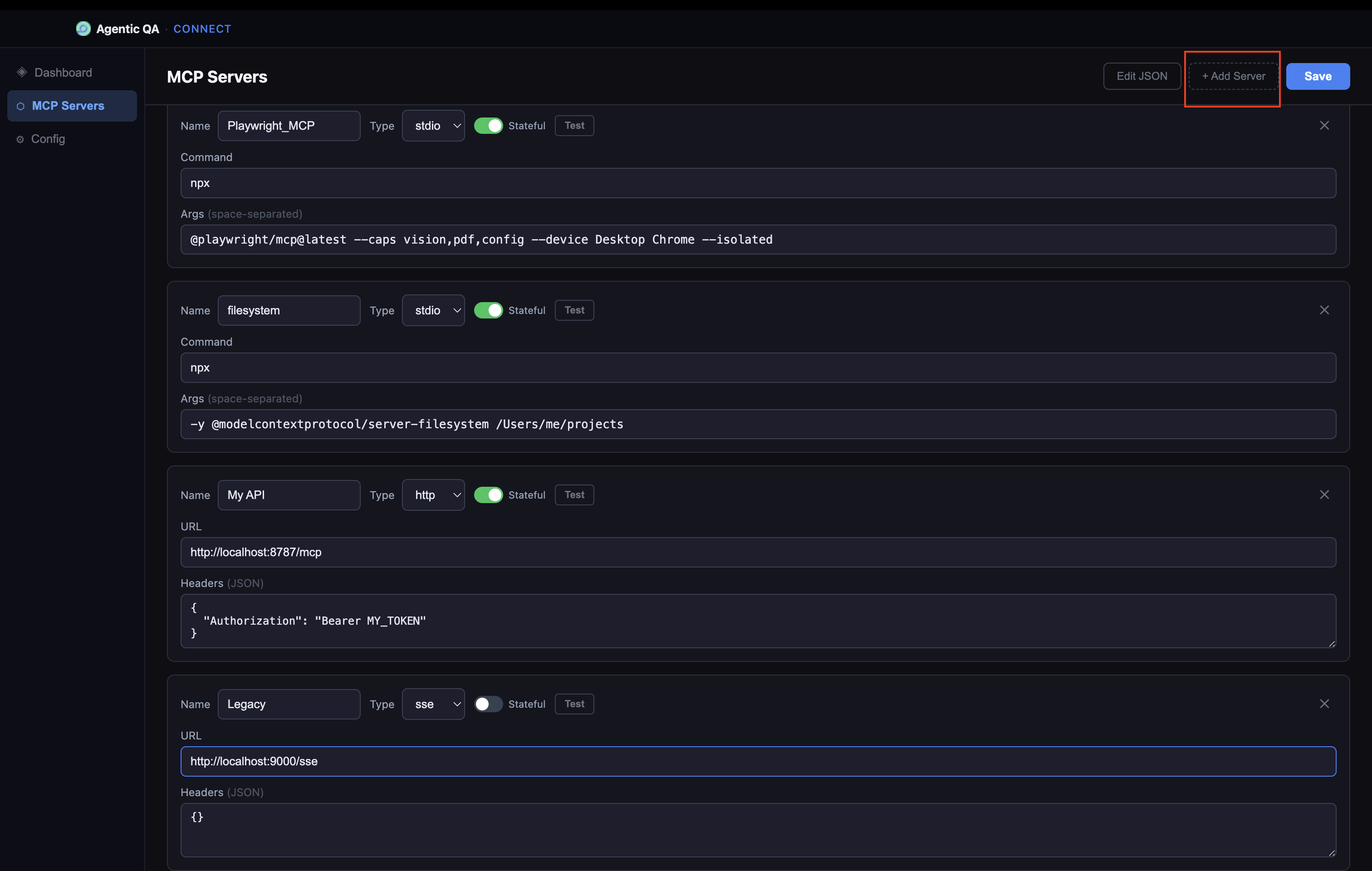 Agentic QA Connect MCP Servers tab listing Playwright_MCP, filesystem, My API and Legacy servers with stdio/http/sse types, Stateful toggles, Test buttons and an Add Server button