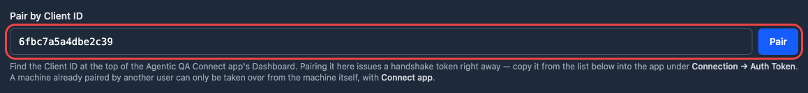 Pair by Client ID field in User Settings with the same Client ID pasted in and the Pair button highlighted