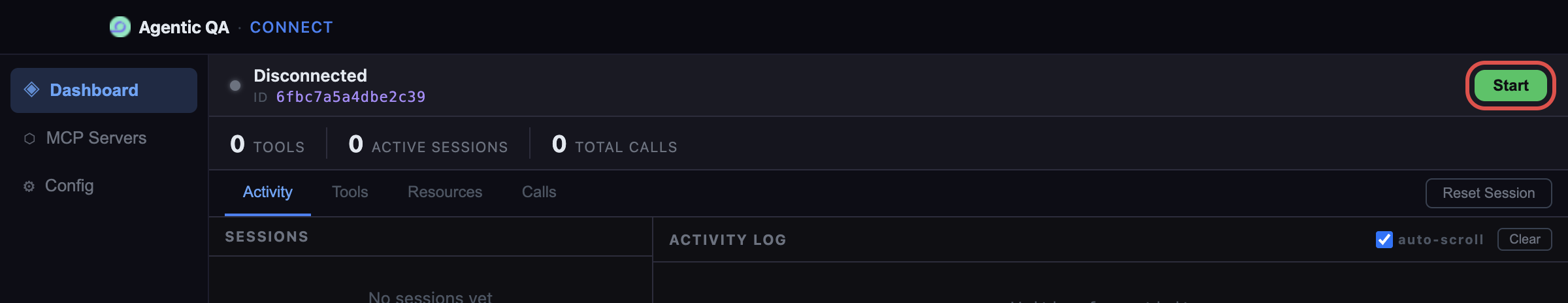 Agentic QA Connect dashboard status bar showing the Client ID and a highlighted Start button