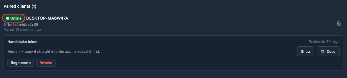Paired clients list in User Settings: the machine now shows its display name and a highlighted Online badge
