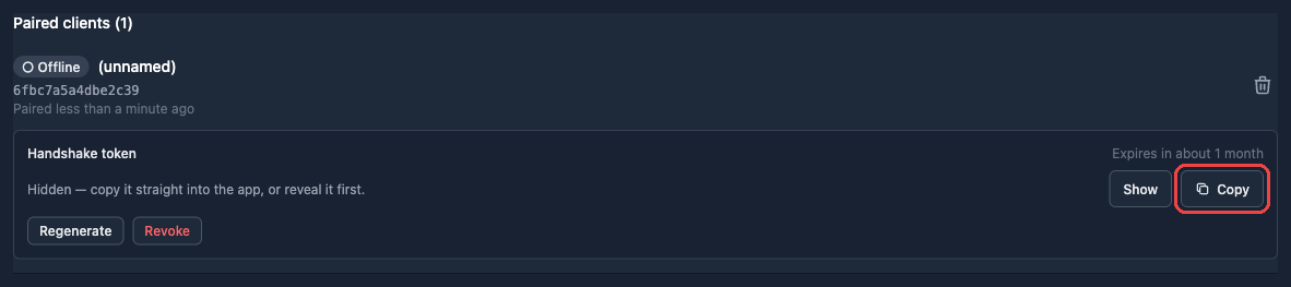 A freshly paired client row in User Settings with its handshake token hidden and the Copy button highlighted