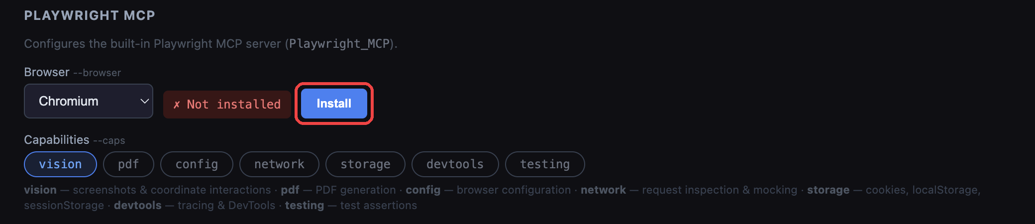 Config, Playwright MCP section in the app: Chromium selected and marked Not installed, with the Install button highlighted