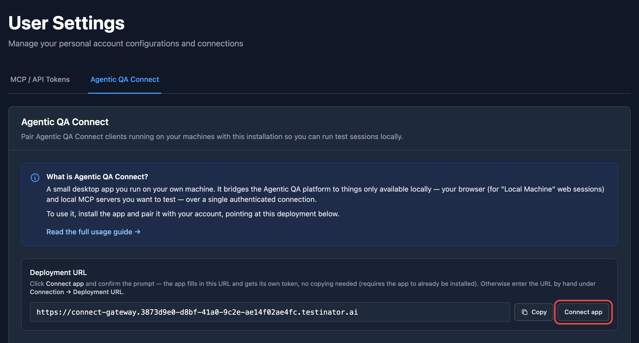 User Settings, Agentic QA Connect tab, with the Connect app button next to the Deployment URL highlighted