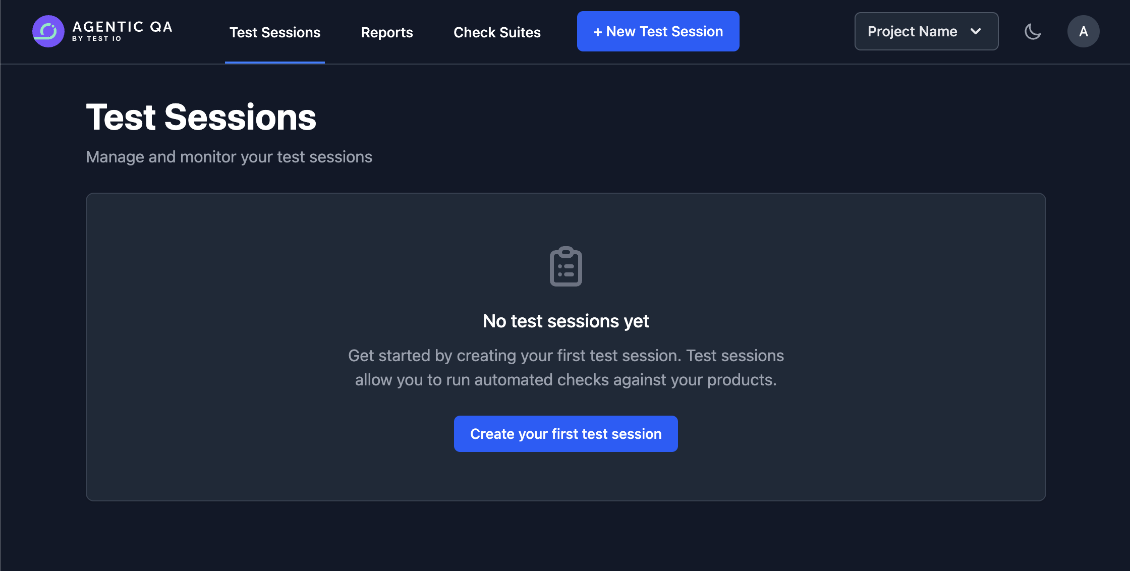 The Agentic QA installation in the browser: the Test Sessions page with the New Test Session button