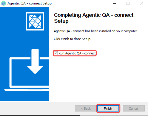 Completing Agentic QA - connect Setup, with Run Agentic QA - connect ticked and the Finish button highlighted