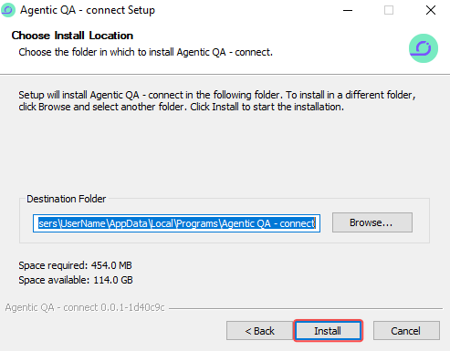 Agentic QA - connect Setup, Choose Install Location, with the destination folder under AppData\Local\Programs and the Install button highlighted