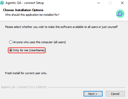 Agentic QA - connect Setup, Choose Installation Options, with Only for me selected and highlighted