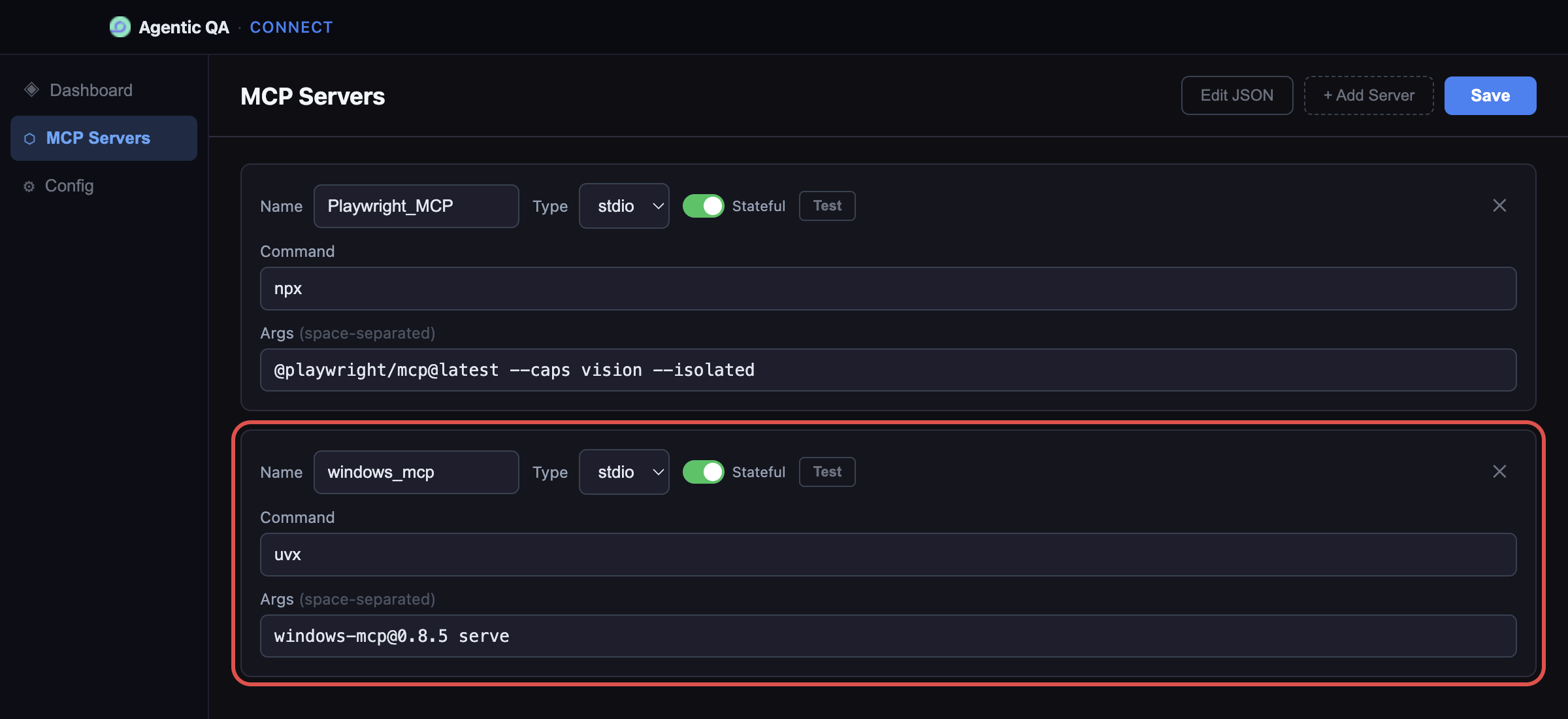 Agentic QA Connect MCP Servers tab with a highlighted windows_mcp server card: stdio, Stateful on, command uvx, args windows-mcp@0.8.5 serve
