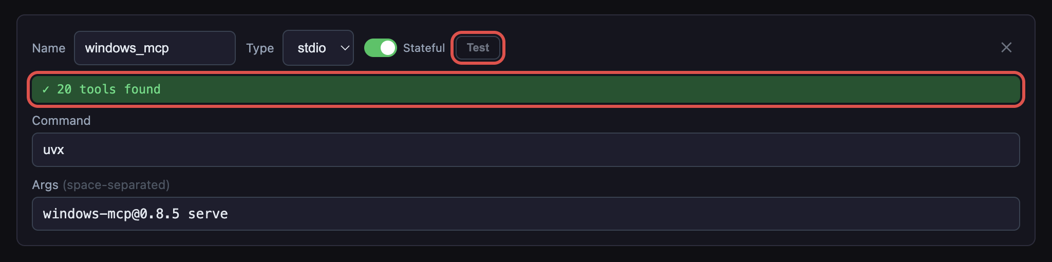 The windows_mcp server card after Test: 20 tools found, with the Test button and the result highlighted
