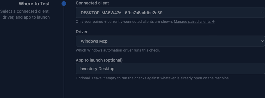 Test session form, Where to Test step for a Desktop App Windows product: connected client, driver, and the optional App to launch field