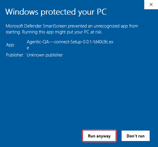 The same SmartScreen prompt after More info: the installer's file name, Unknown publisher, and the highlighted Run anyway button